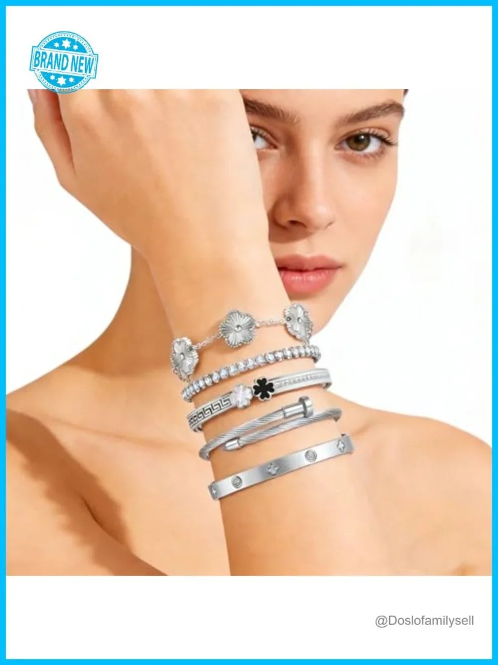 Stackable Bangle Bracelets Set Stainless Steel Non Tarnish Clover Charm